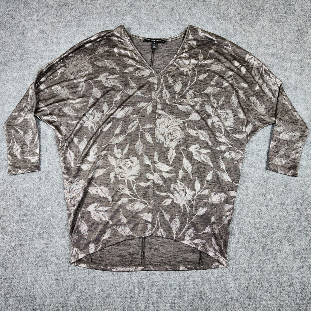 White House Black Market Metallic Floral Dolman V-Neck Top Silver Charcoal Small